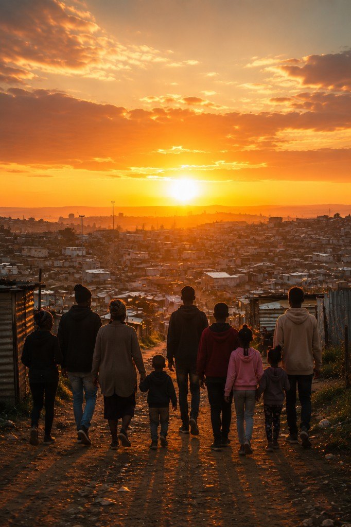 Community members walking together through a township at sunrise